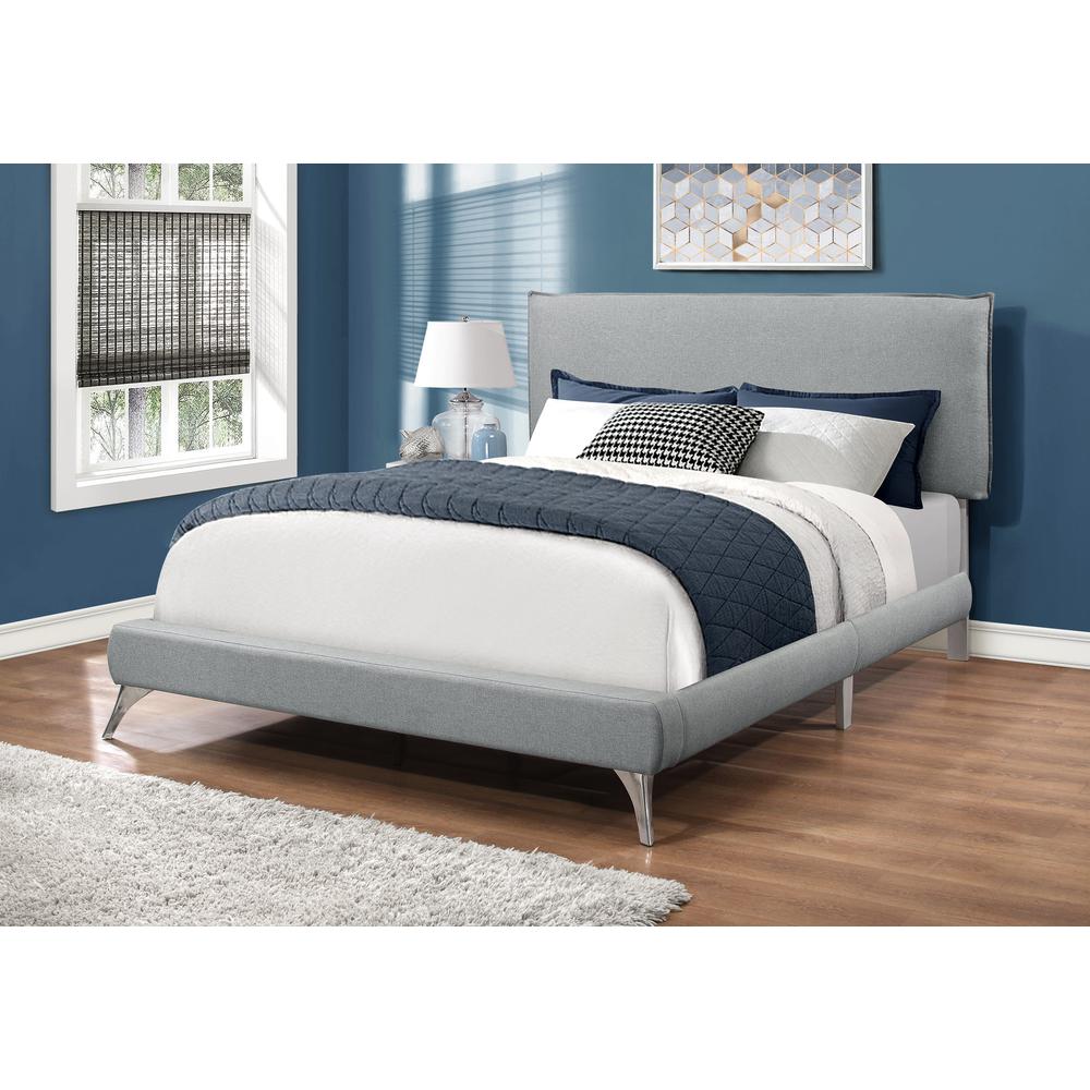 Bed, Queen Size, Bedroom, Upholstered, Grey Linen Look, Chrome. Picture 2
