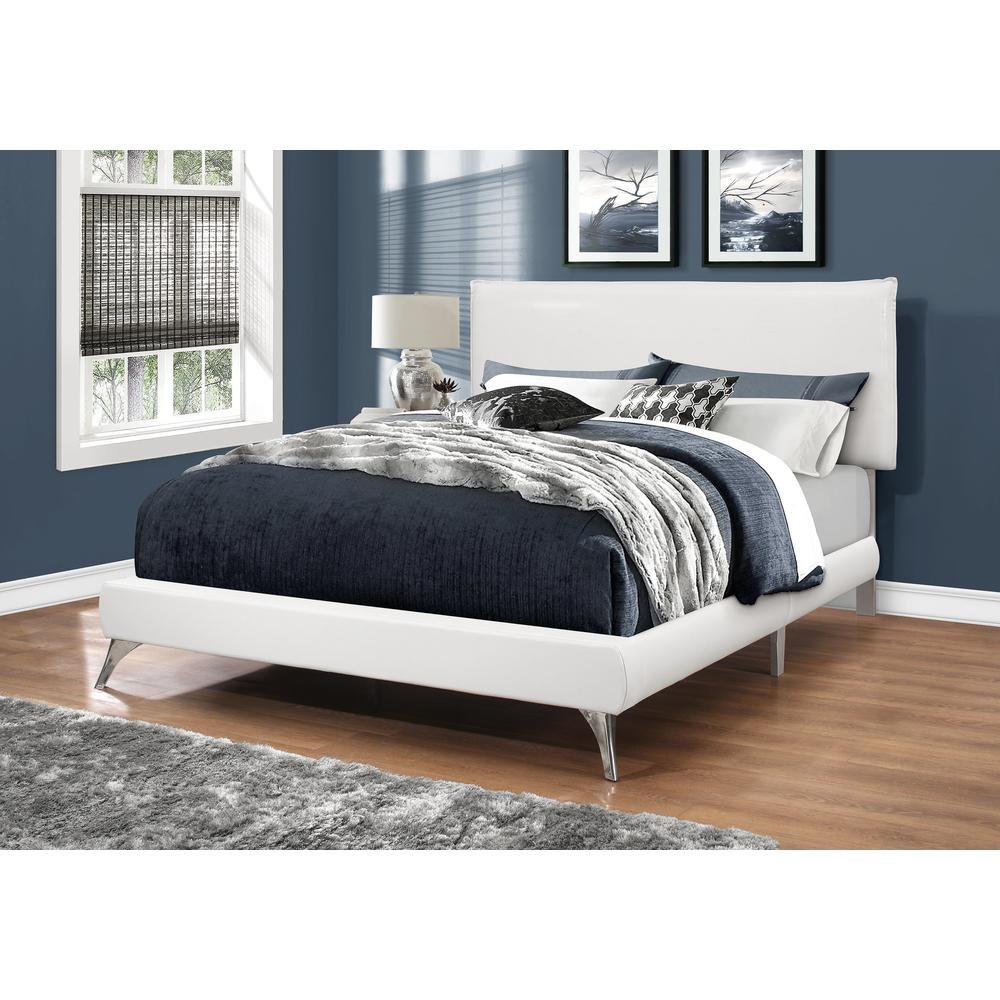 Bed, Queen Size, Bedroom, Upholstered, White Leather Look, Chrome. Picture 2