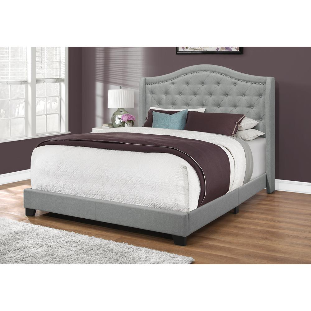 Bed, Queen Size, Bedroom, Upholstered, Grey Velvet, Chrome Trim, Traditional. Picture 2