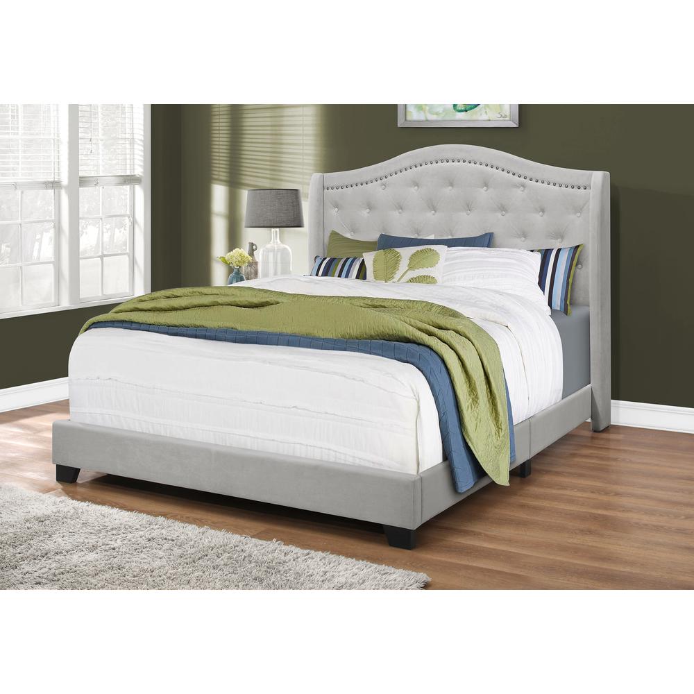 Bed, Queen Size, Bedroom, Upholstered, Grey Velvet, Chrome Trim, Traditional. Picture 8