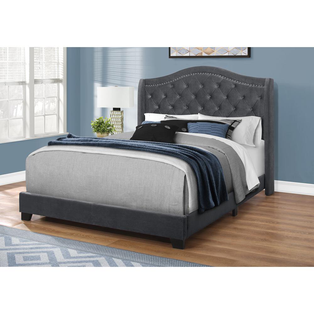 Bed, Queen Size, Bedroom, Upholstered, Grey Velvet, Chrome Trim, Traditional. Picture 2