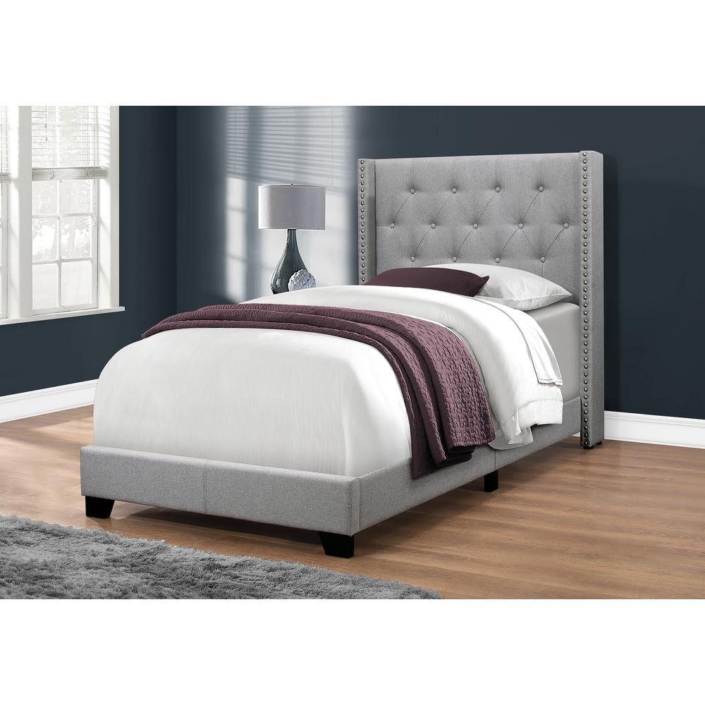Bed, Twin Size, Teen, Upholstered, Grey Velvet, Chrome Trim, Transitional. Picture 2