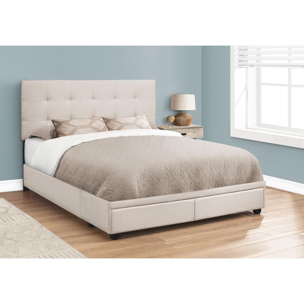 Bed, Queen Size, Bedroom, Upholstered, Beige Linen Look, Black Wood Legs. Picture 3