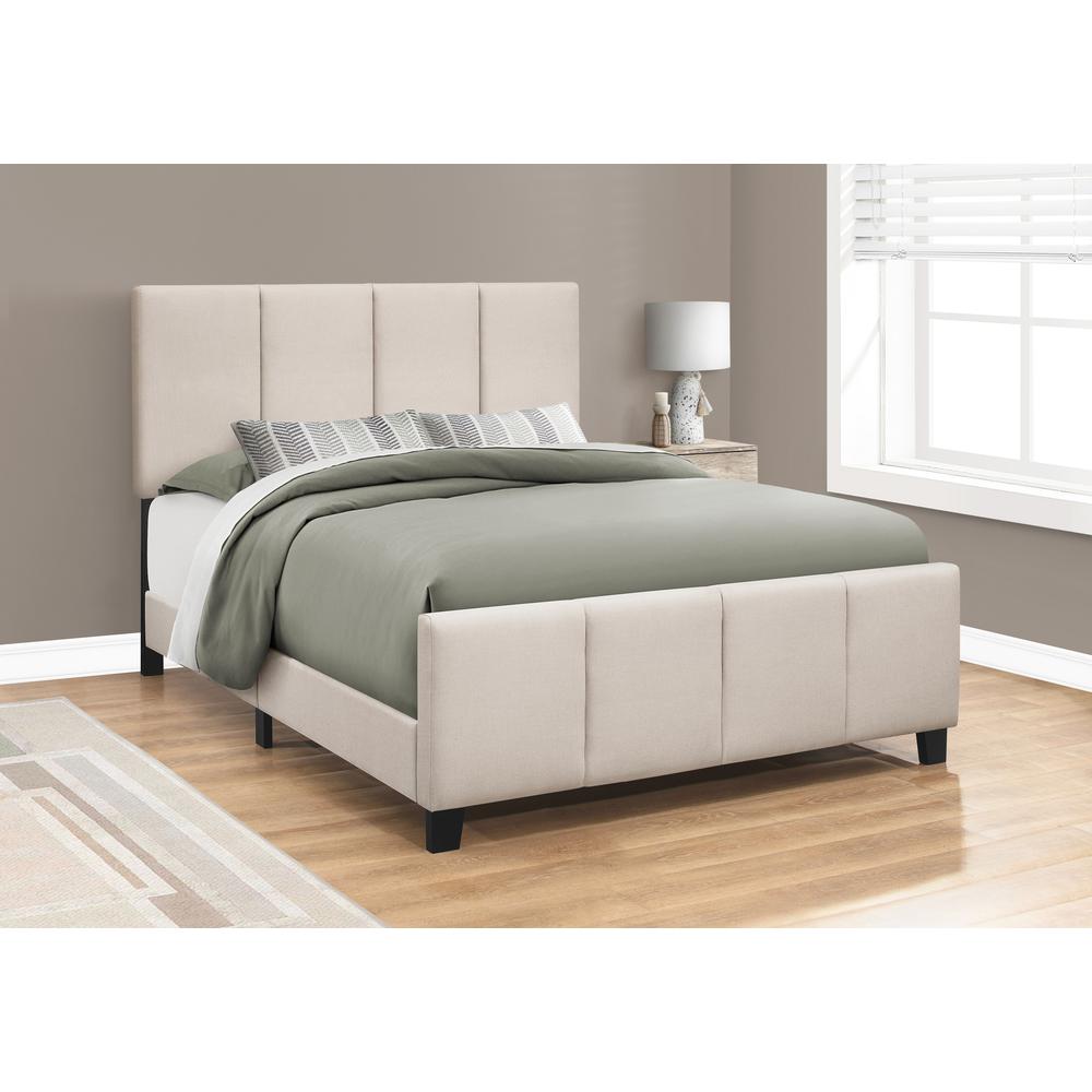Bed, Queen Size, Bedroom, Upholstered, Beige Linen Look, Black Wood Legs. Picture 8