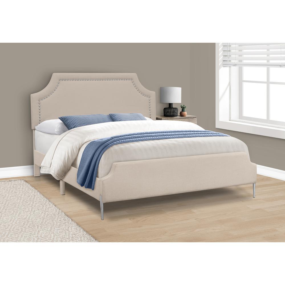 Bed, Queen Size, Bedroom, Upholstered, Beige Linen Look, Chrome. Picture 2