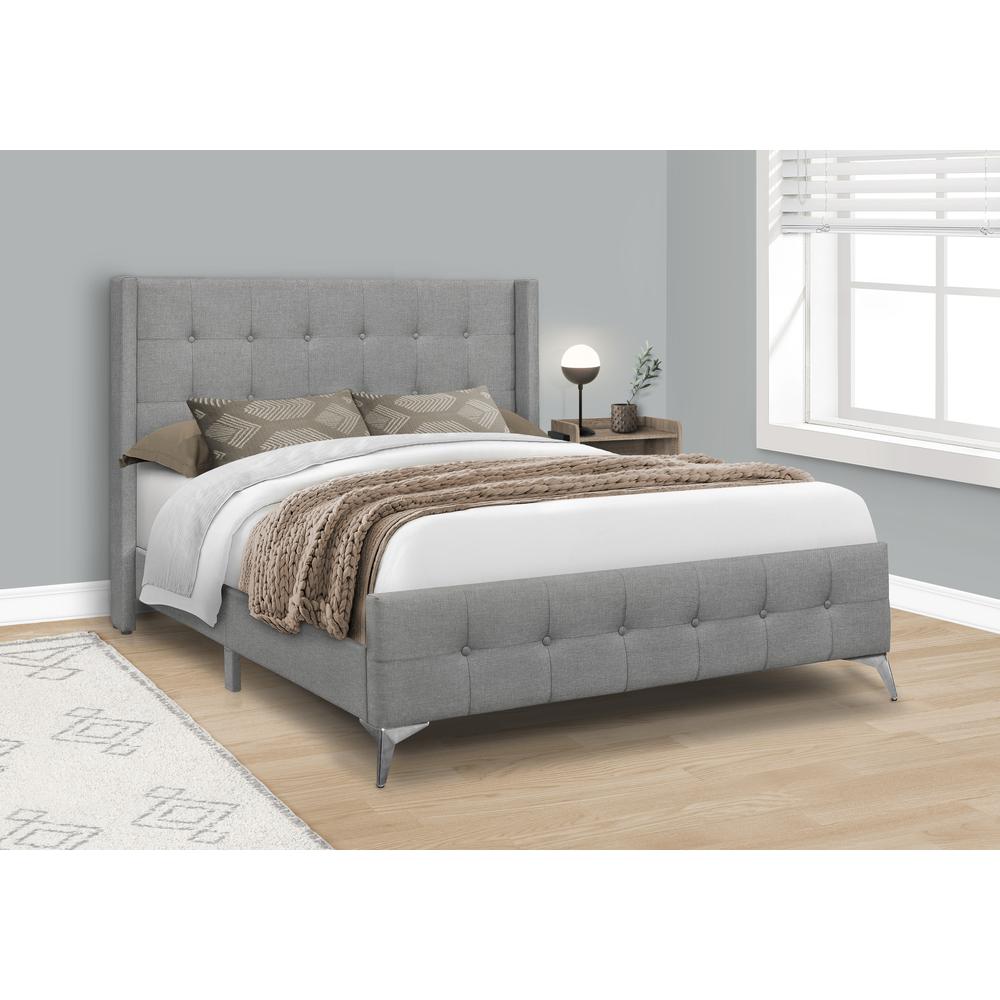 Bed, Queen Size, Bedroom, Upholstered, Grey Linen Look, Chrome Metal Legs. Picture 2