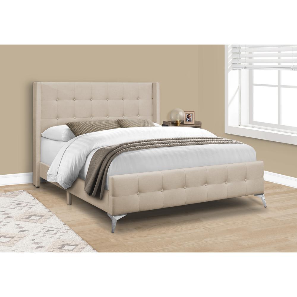Bed, Queen Size, Bedroom, Upholstered, Beige Linen Look, Chrome Metal Legs. Picture 9