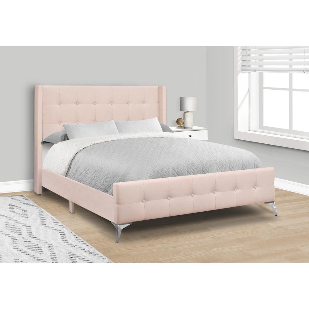 Bed, Queen Size, Bedroom, Upholstered, Pink Velvet, Chrome Metal Legs. Picture 2