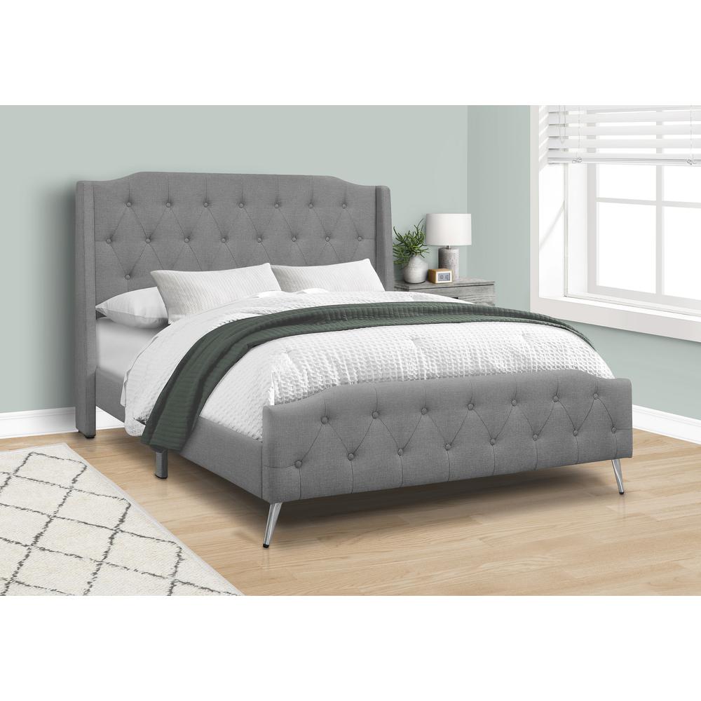 Bed, Queen Size, Bedroom, Upholstered, Grey Linen Look, Chrome. Picture 8