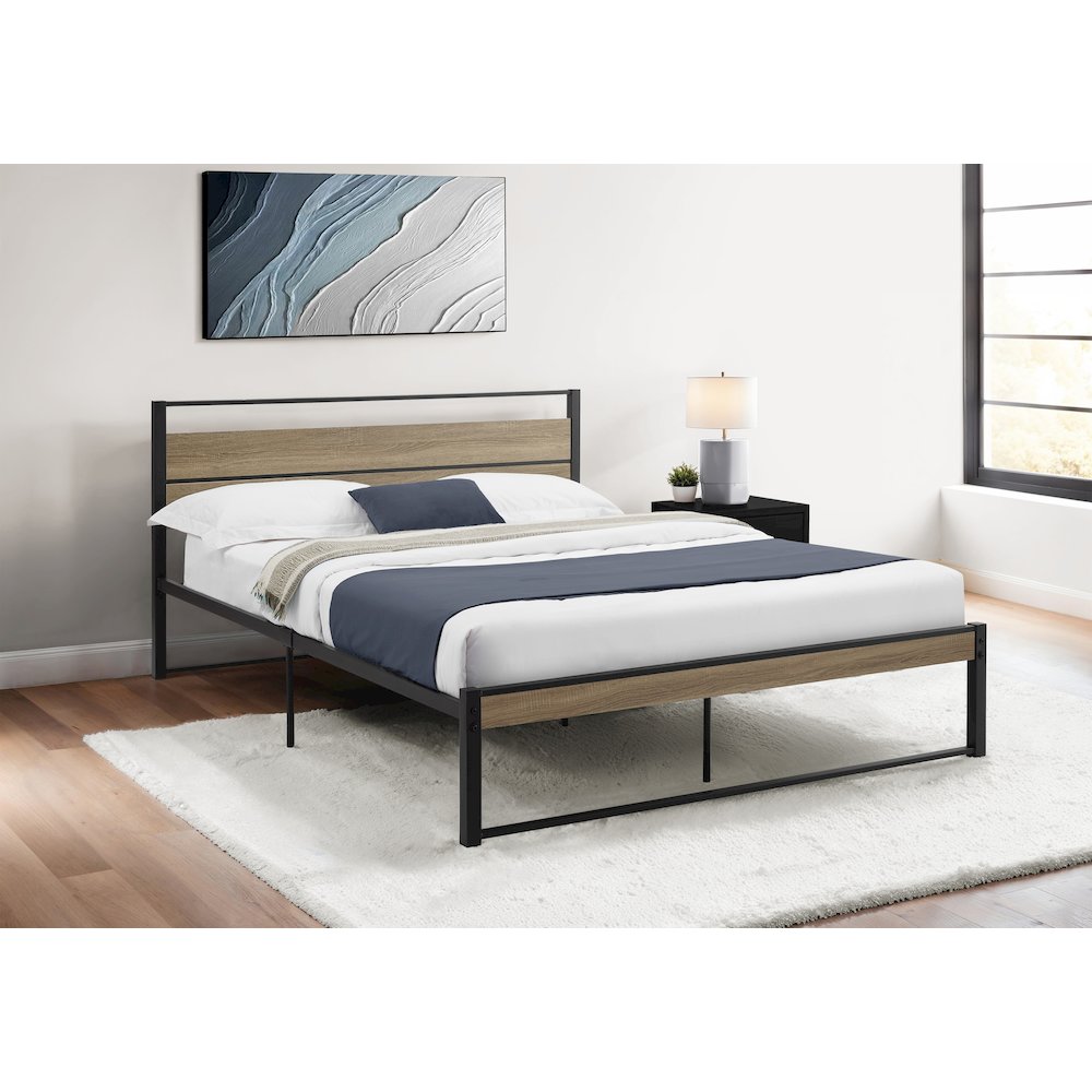 Platform Bed, Bedroom, Dark Taupe Laminate, Black Metal, Contemporary. Picture 2