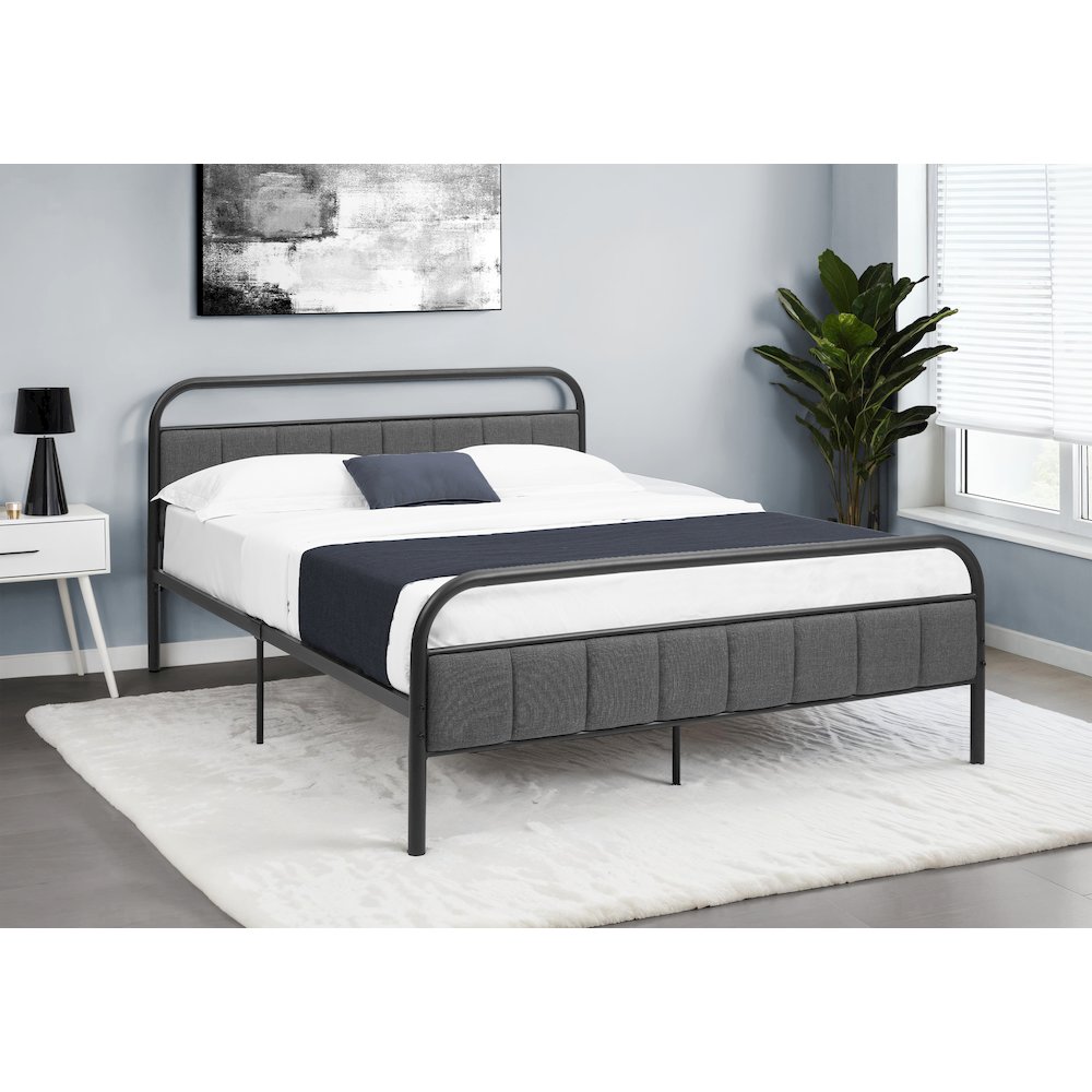 Platform Bed, Queen Size, Grey Linen Look, Black Metal, Contemporary. Picture 2