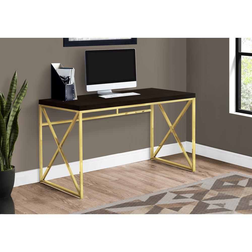 Computer Desk, Home Office, Laptop, Work, Brown Laminate, Gold. Picture 2