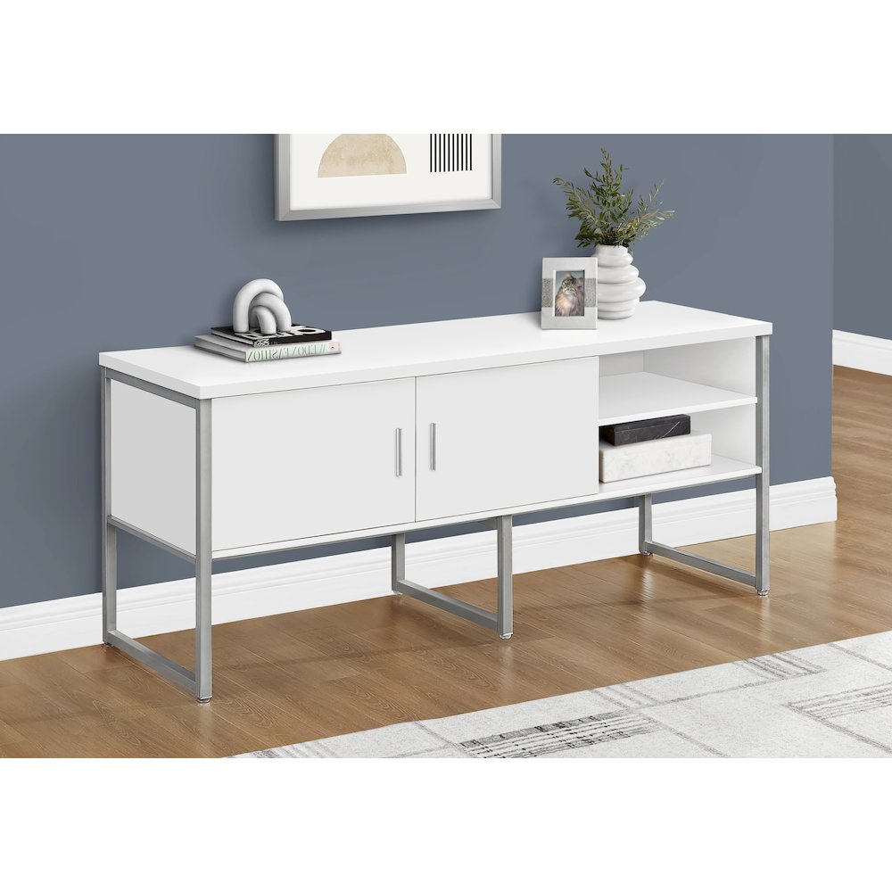 Contemporary Office Credenza in White,Silver color. Picture 2