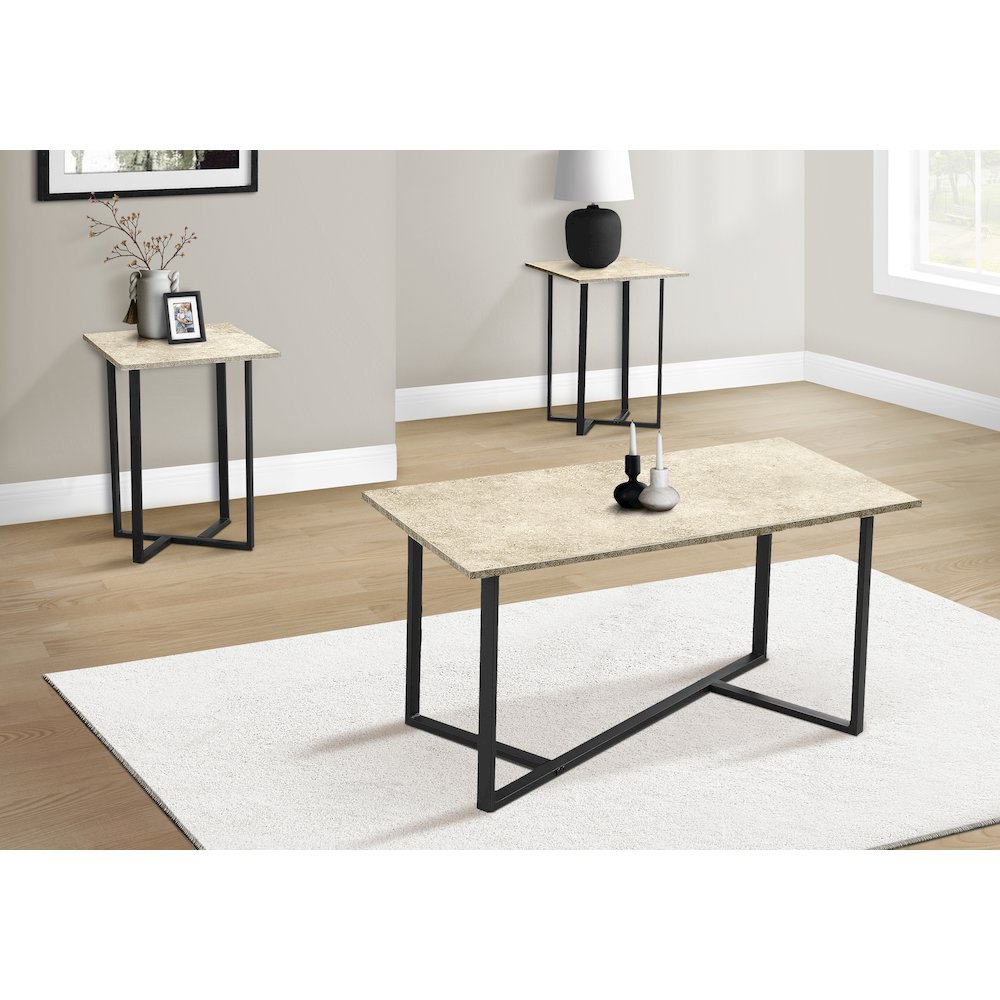 Table Set, 3pcs Set, Coffee, End, Cream Stone Laminate, Black Metal. Picture 2