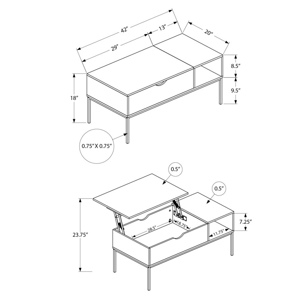 Coffee Table, 42 L, Rectangular, Cocktail, Lift-top, Grey, Black. Picture 10