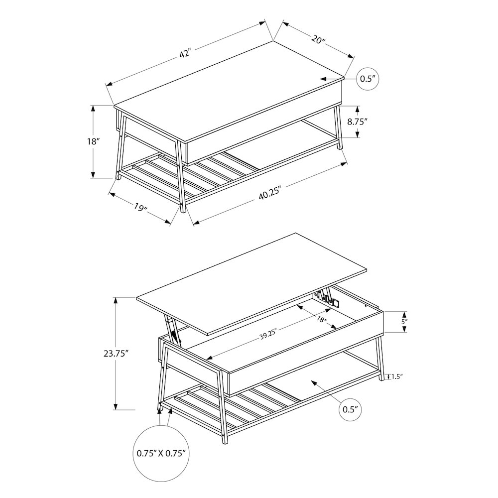 Coffee Table, 42L, Cocktail, Lift-top, Rectangular, Storage,Dark Bronze Laminate. Picture 4