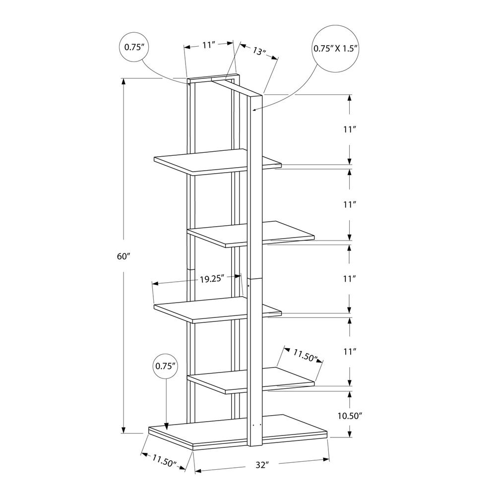 Bookshelf, Bookcase, Etagere, 5 Tier, 60H, Office, Bedroom, Brown Laminate. Picture 4
