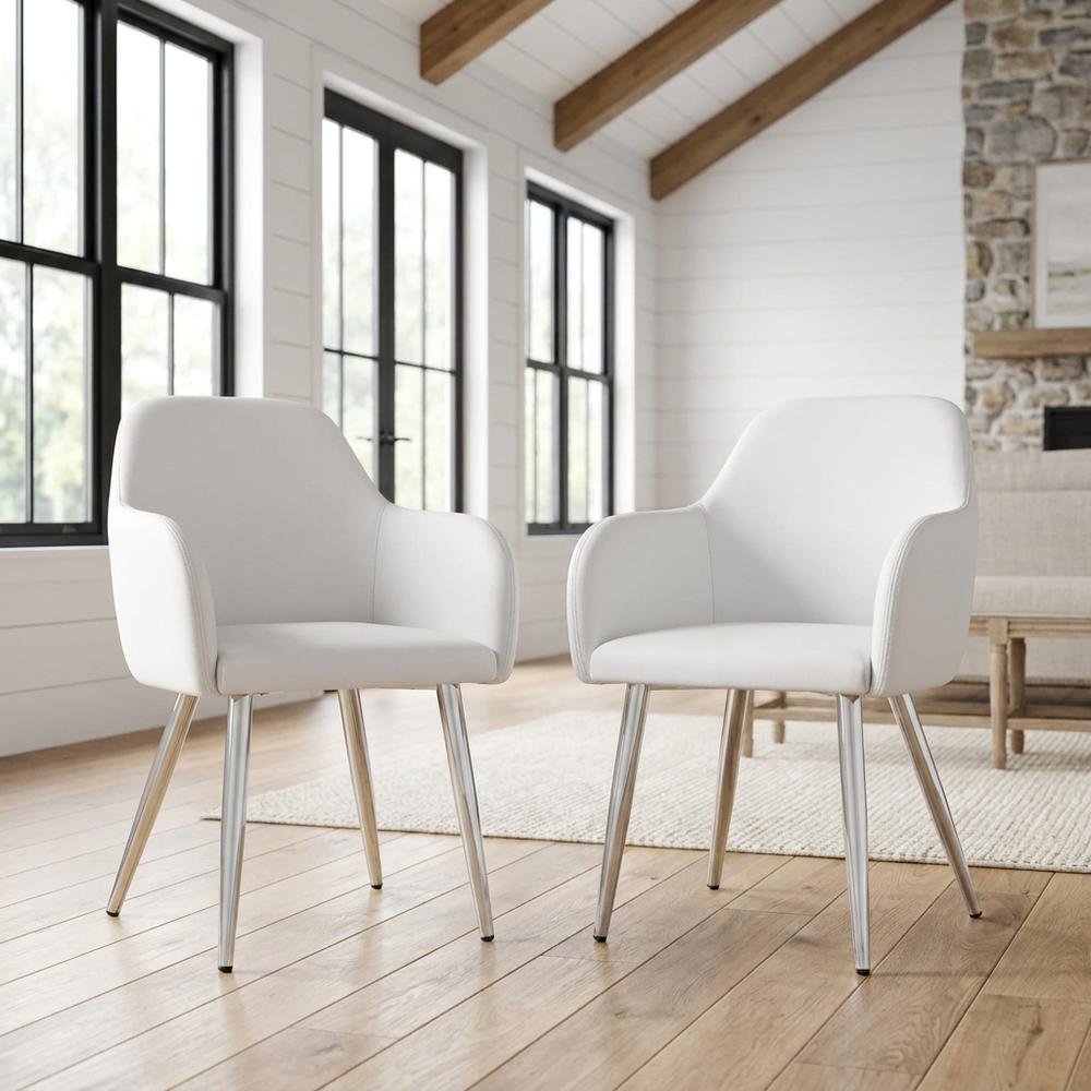 Leather-Look Upholstered Dining Chairs with Metal Legs, White, Set of 2. Picture 3