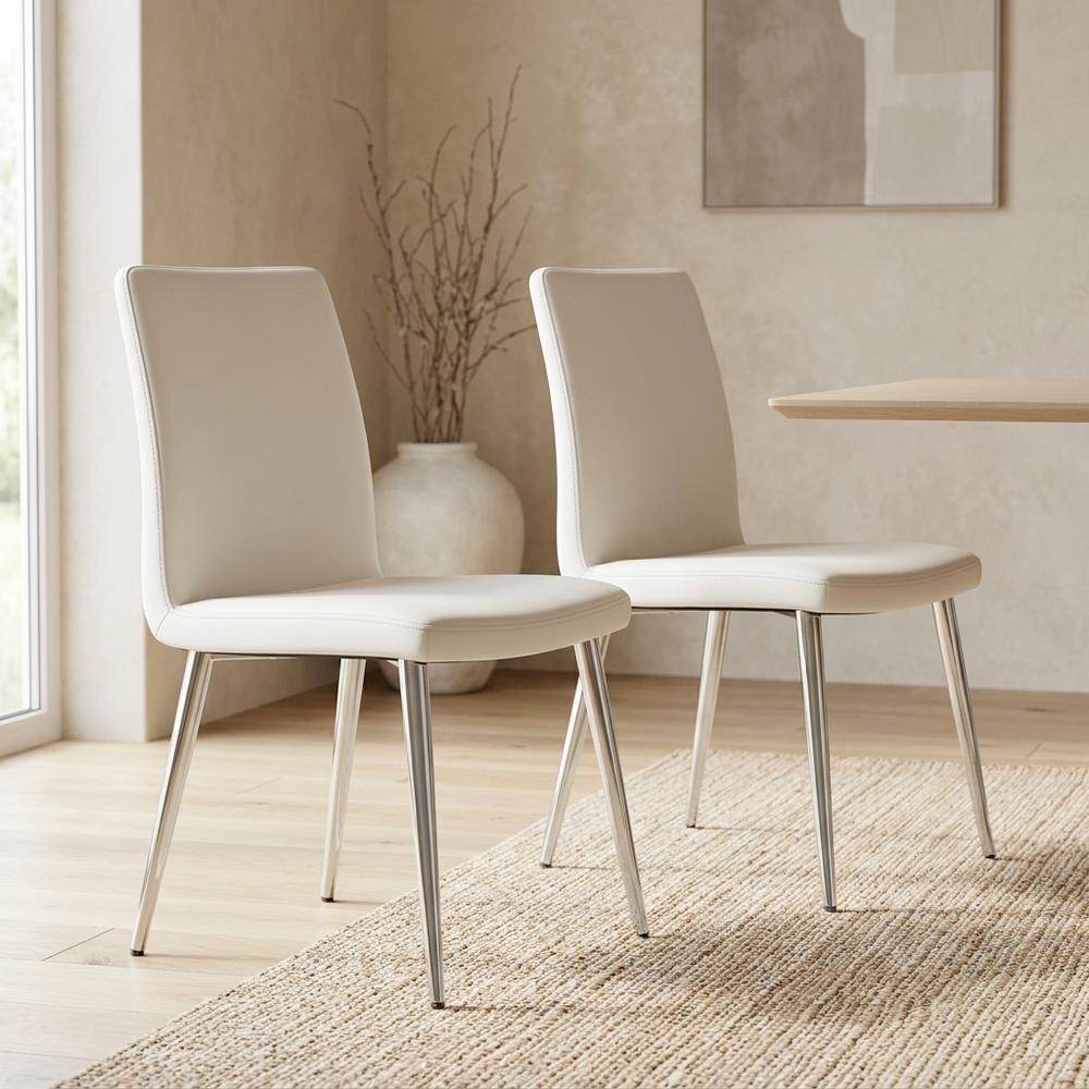 Leather-Look Upholstered Dining Chairs with Metal Legs, White, Set of 2. Picture 4