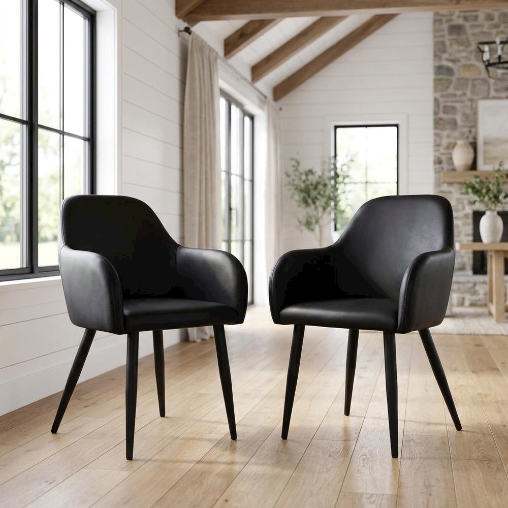 Leather-Look Upholstered Dining Chairs with Metal Legs, Black,Black, Set of 2. Picture 3