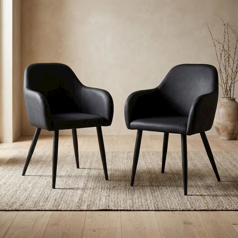 Leather-Look Upholstered Dining Chairs with Metal Legs, Black,Black, Set of 2. Picture 4