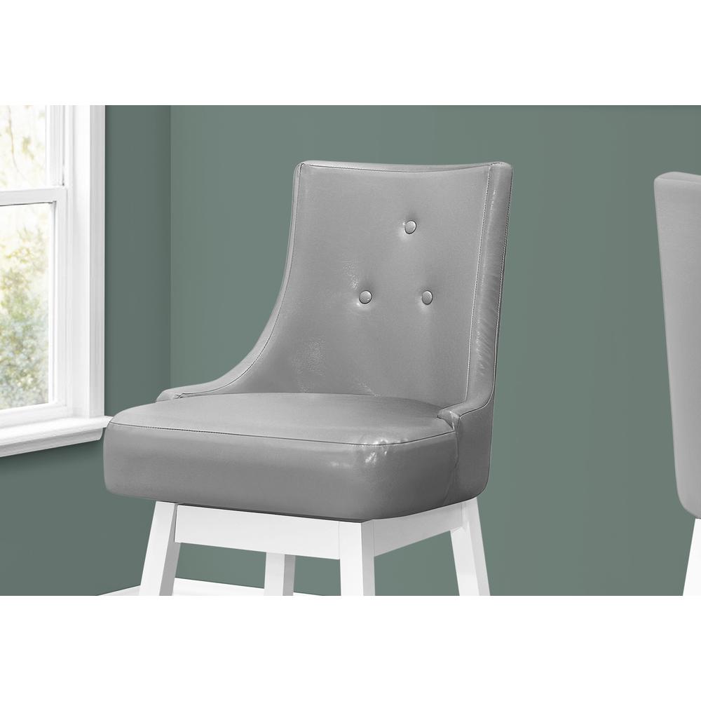 Bar Stool, Set Of 2, Swivel, Bar Height, White Wood, Grey Leather Look. Picture 3