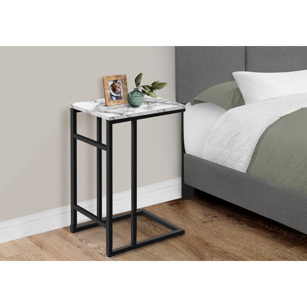 Accent Table, C-shaped, End, Side, Snack, Living Room, Bedroom, White Marble. Picture 3