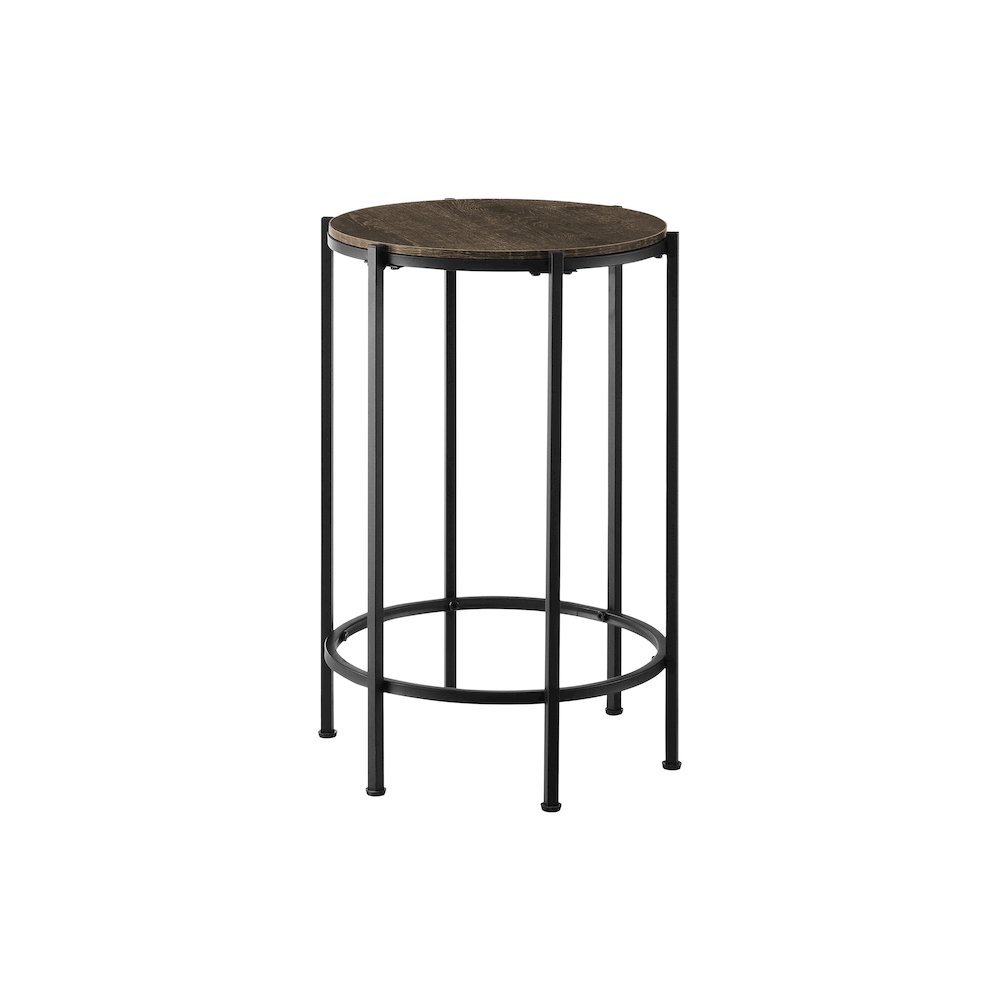 Accent Table, End, Round Dark Oak Laminate, Black Metal, Contemporary. Picture 1