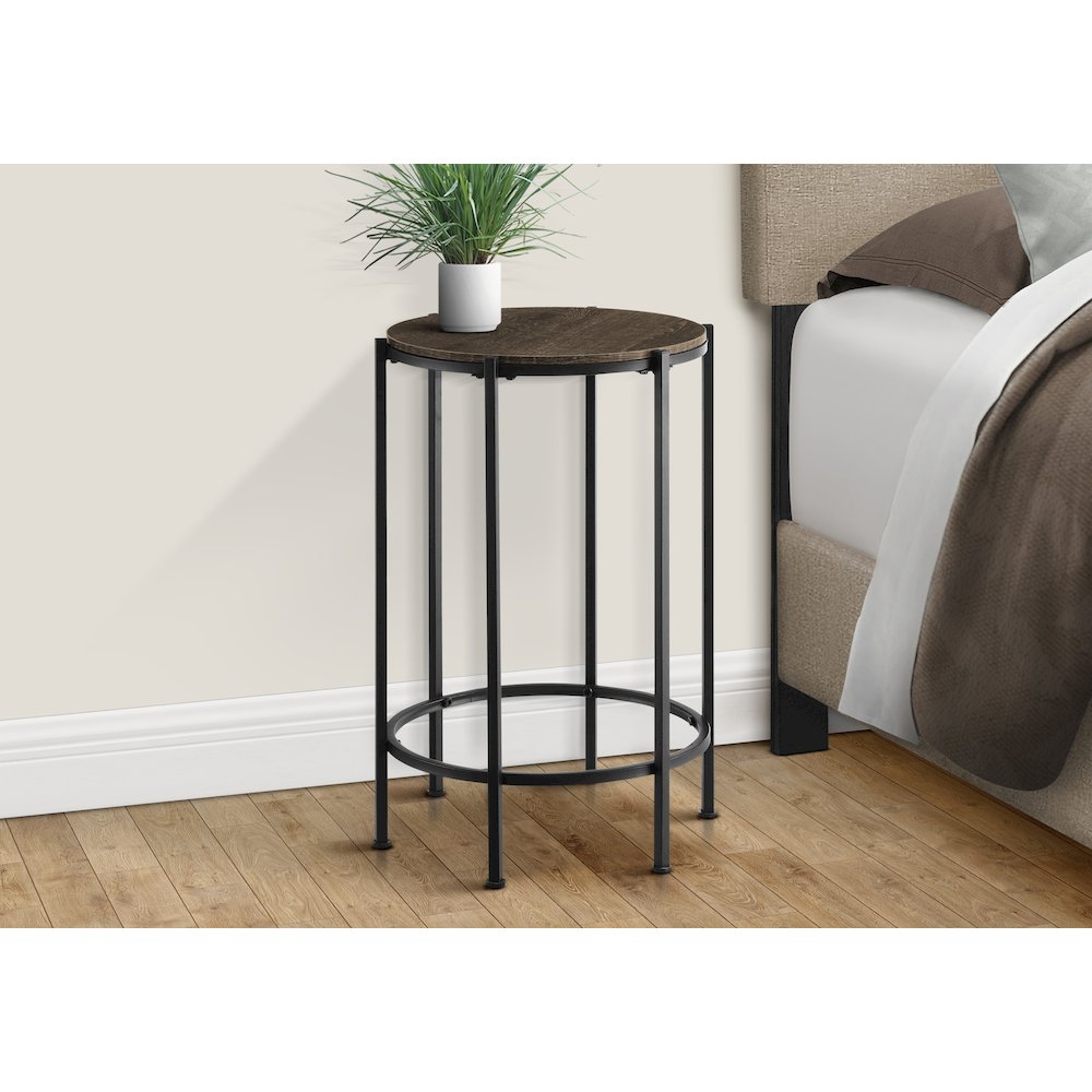 Accent Table, End, Round Dark Oak Laminate, Black Metal, Contemporary. Picture 3