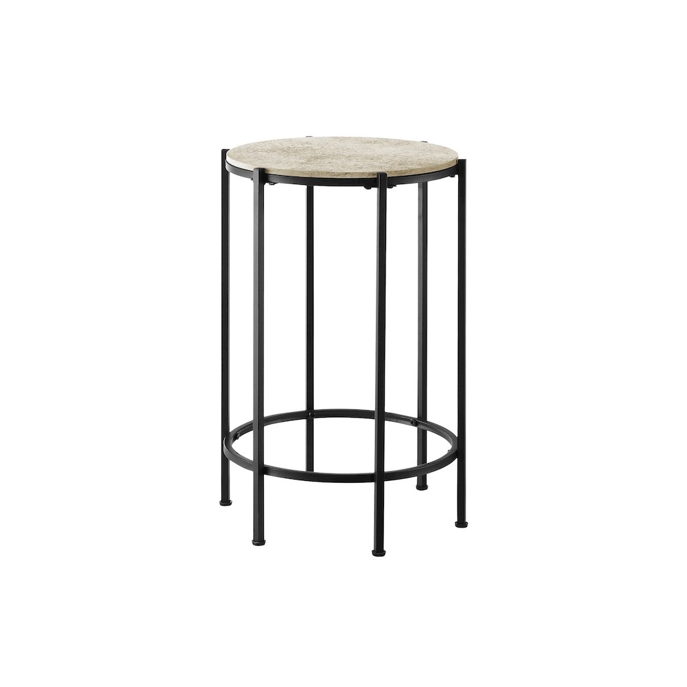Accent Table, End, Round Cream Stone Laminate, Black Metal, Contemporary. Picture 1