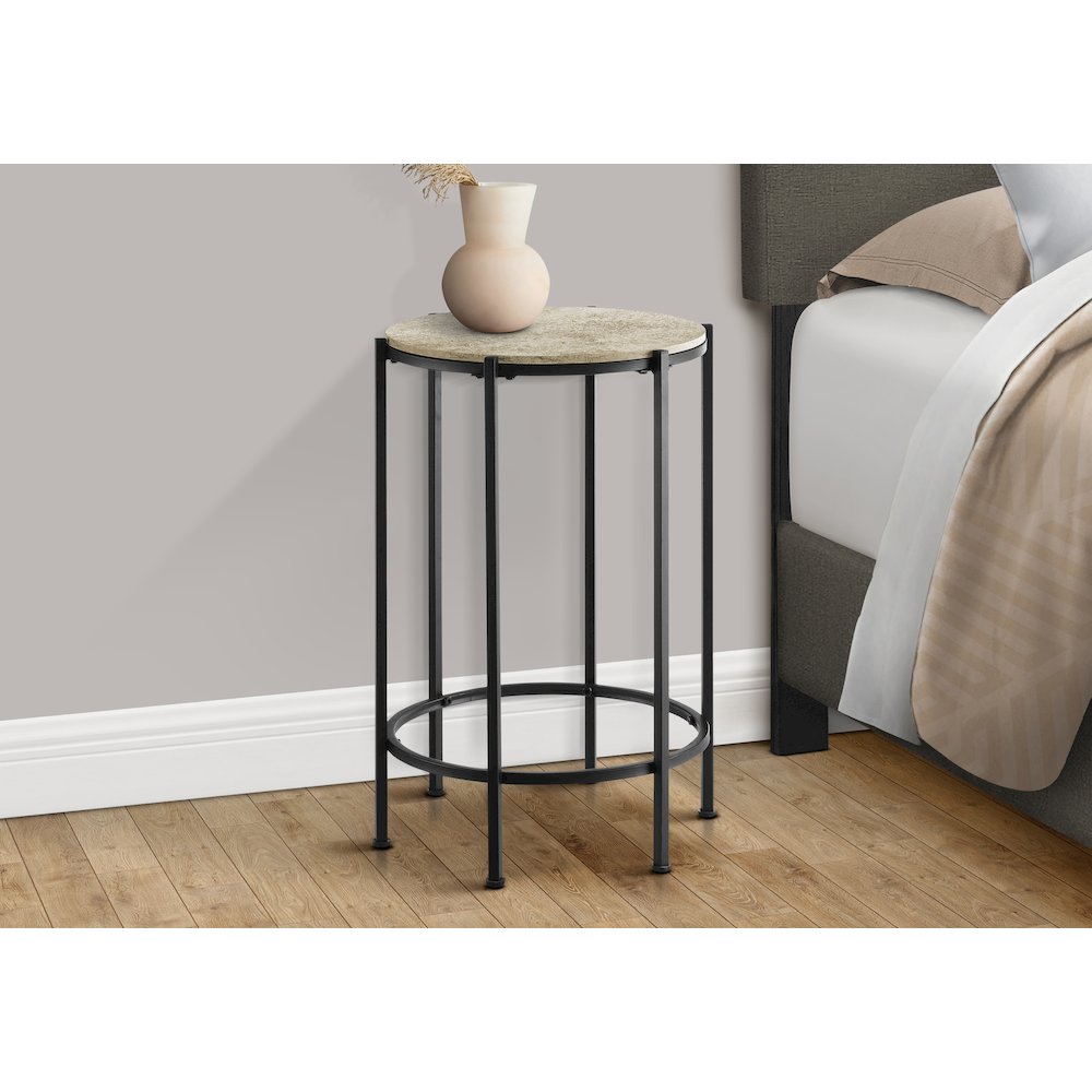Accent Table, End, Round Cream Stone Laminate, Black Metal, Contemporary. Picture 3