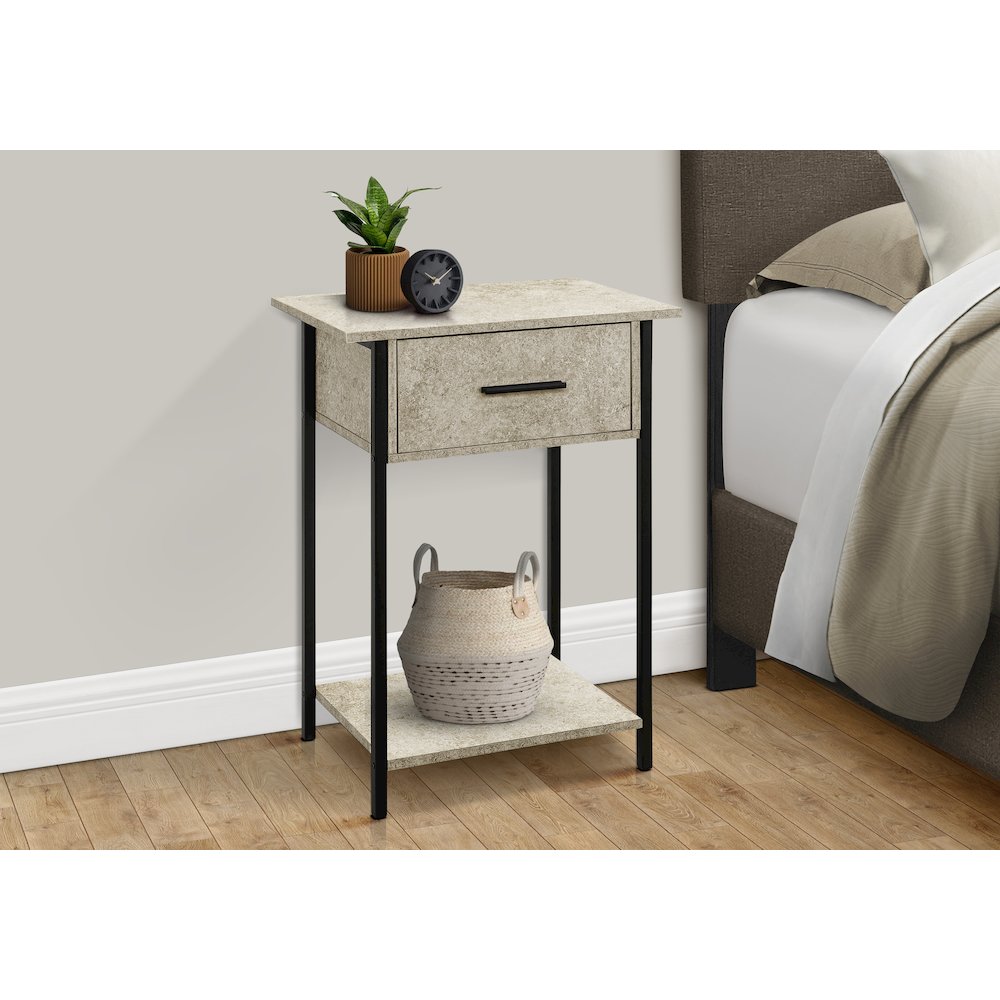 Accent Table, 2 Tier, End Cream Stone Laminate, Black Metal, Contemporary. Picture 3