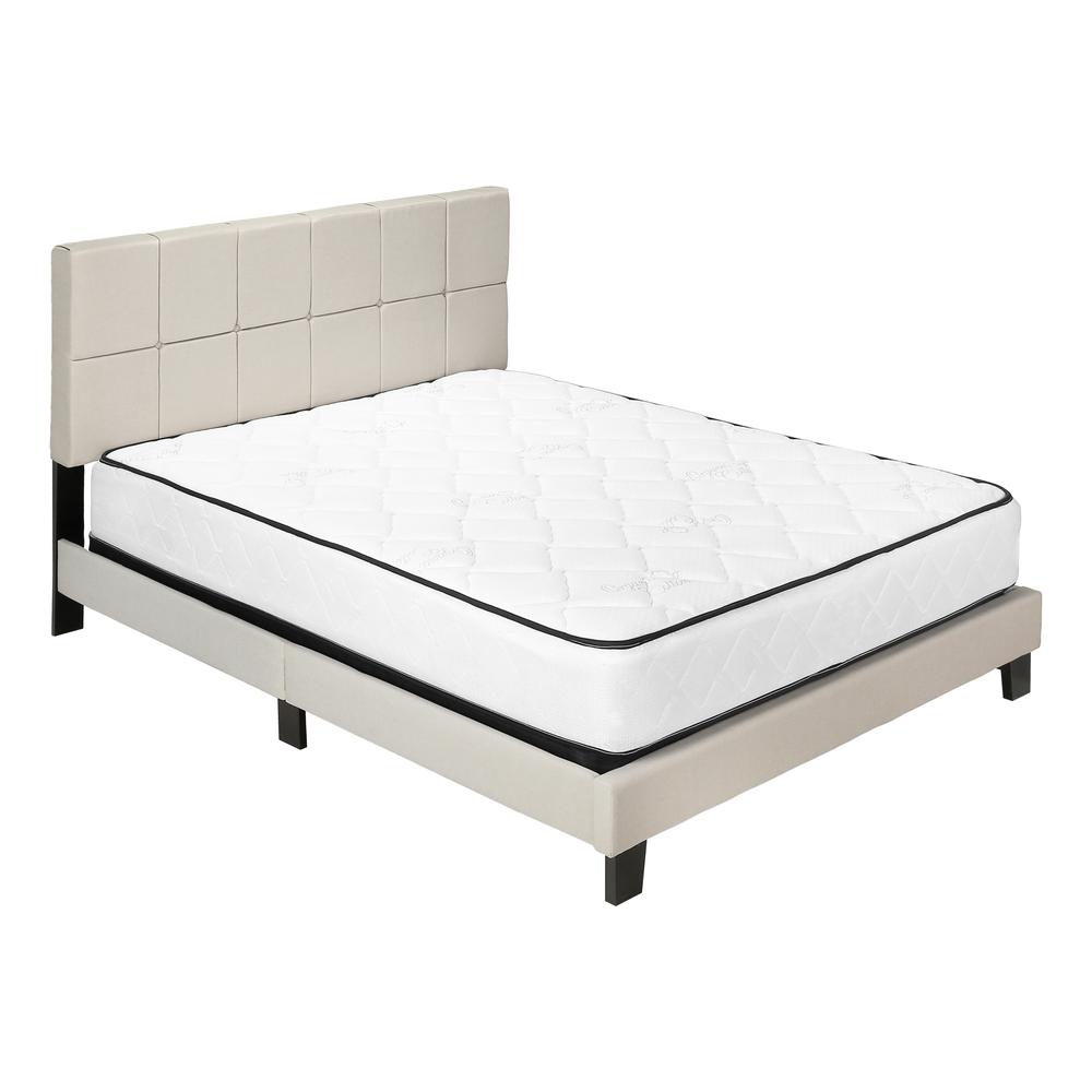 Bed, Queen Size, Bedroom, Upholstered, Beige Linen Look, Black Wood Legs. Picture 1