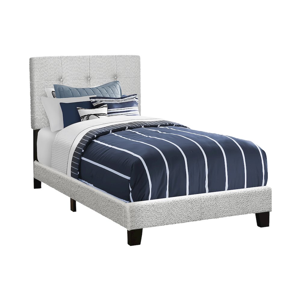 Bed, Twin Size, Upholstered, Juvenile, Youth, Light Grey Boucle, Transitional. Picture 1