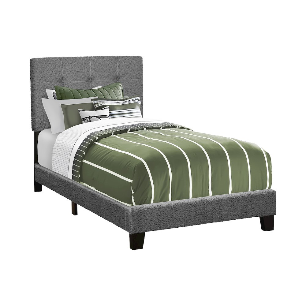 Bed, Twin Size, Upholstered, Dark Grey Boucle, Transitional. Picture 1