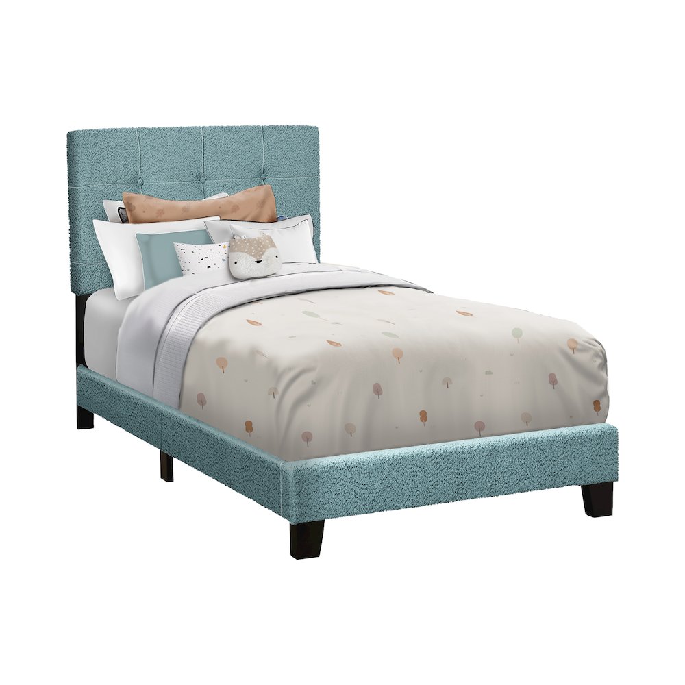 Bed, Twin Size, Upholstered Light Blue Boucle, Transitional. Picture 1
