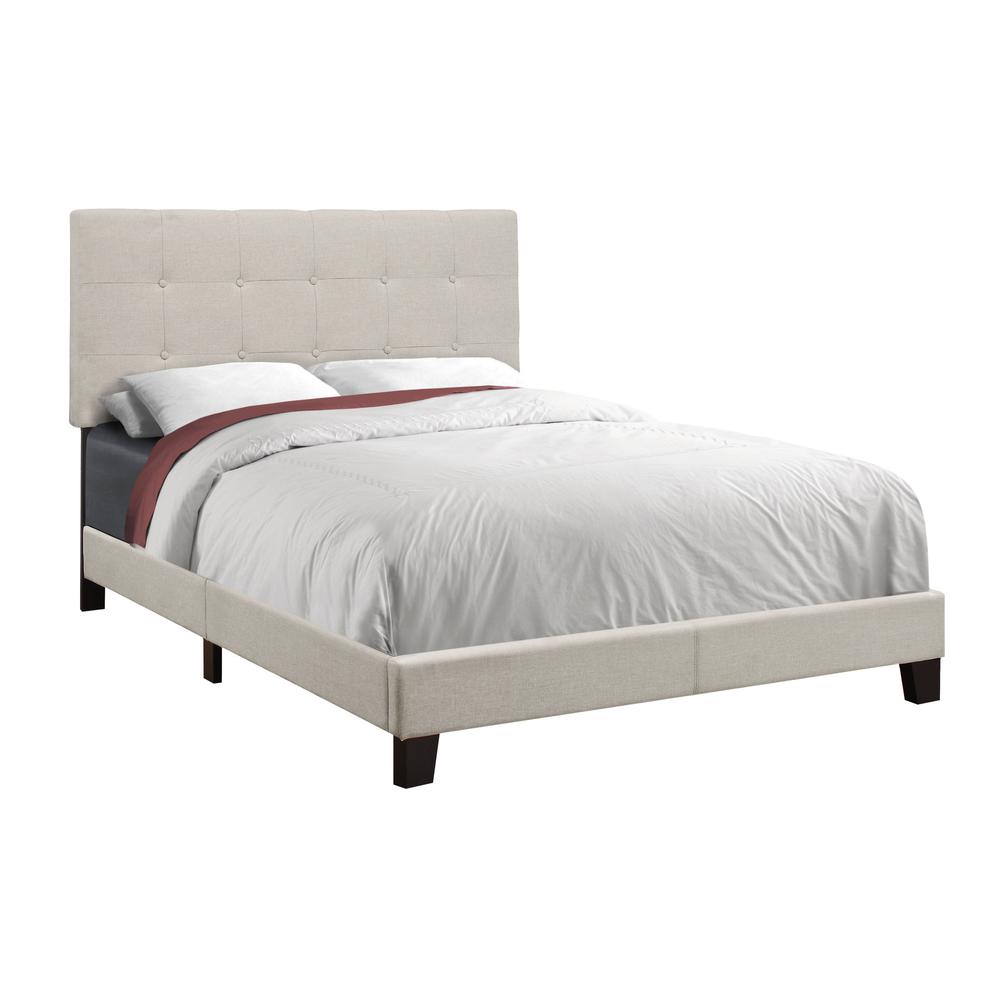 Bed, Full Size, Bedroom, Upholstered, Beige Linen Look, Black Wood Legs. Picture 1