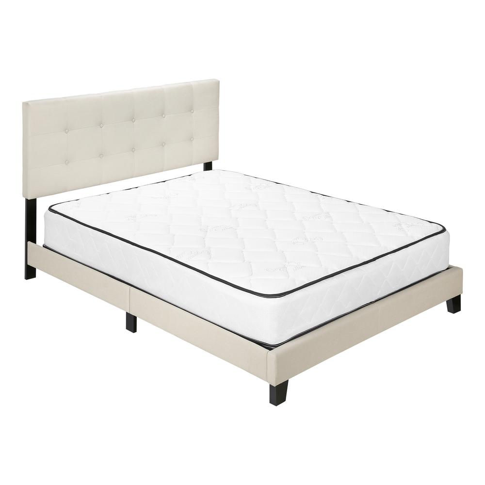Bed, Queen Size, Bedroom, Upholstered, Beige Linen Look, Black Wood Legs. Picture 1