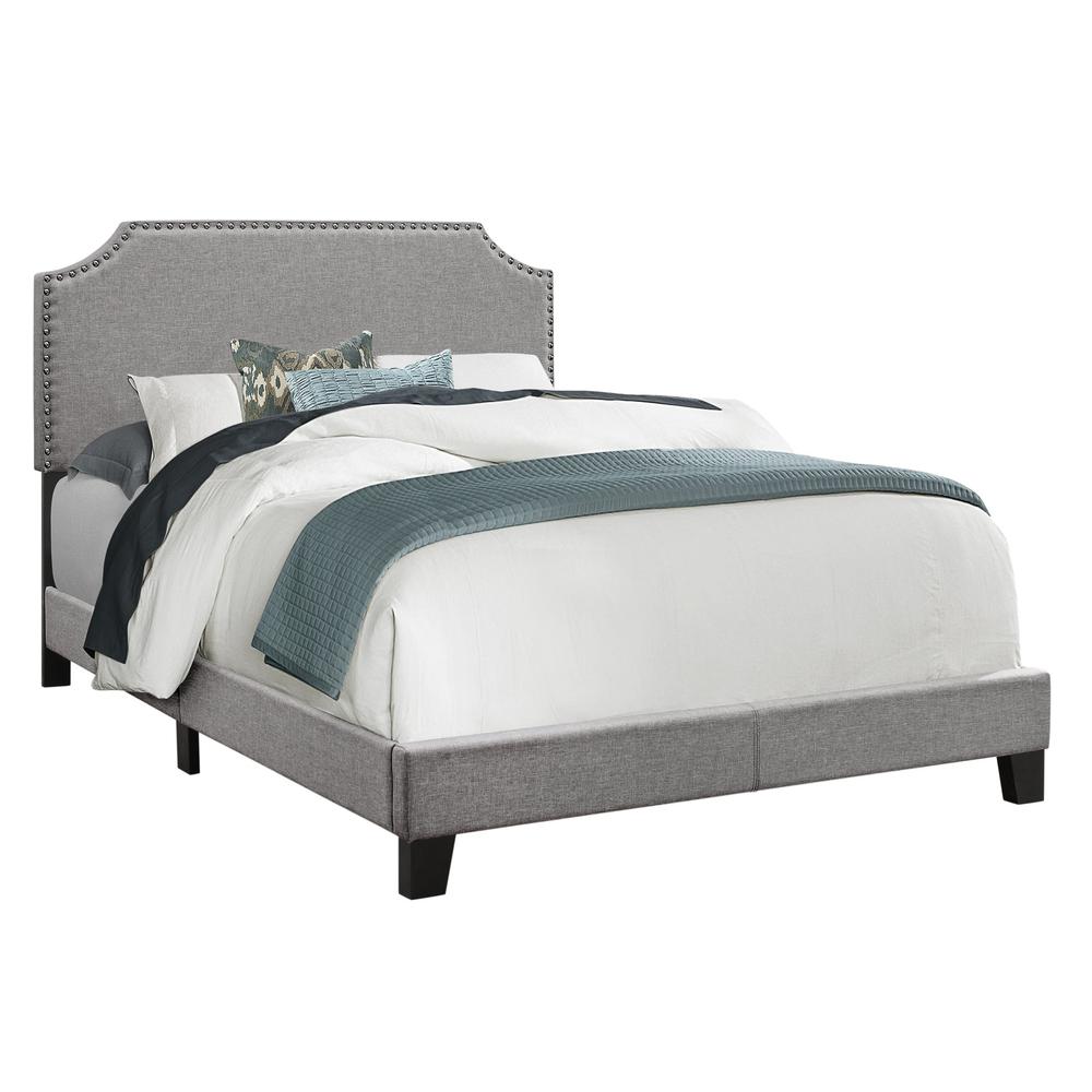 Bed, Full Size, Bedroom, Upholstered, Grey Linen Look, Chrome Trim. Picture 1