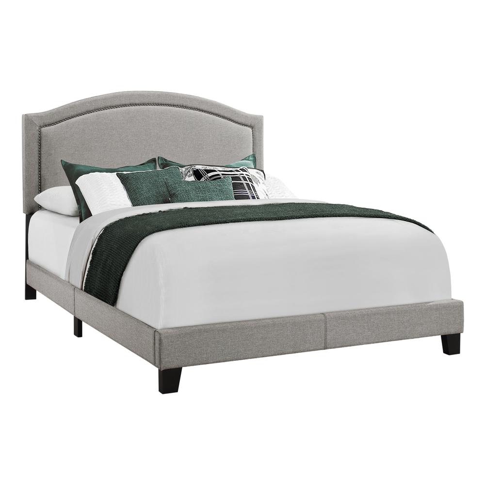 Bed, Queen Size, Bedroom, Upholstered, Grey Linen Look, Chrome Trim. Picture 1