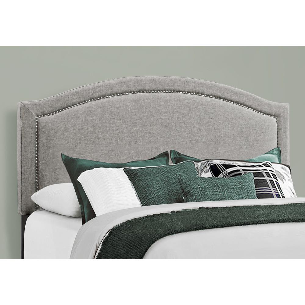 Bed, Queen Size, Bedroom, Upholstered, Grey Linen Look, Chrome Trim. Picture 3