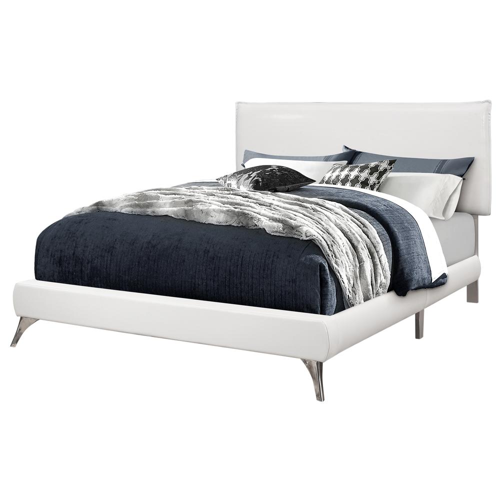 Bed, Queen Size, Bedroom, Upholstered, White Leather Look, Chrome. Picture 1