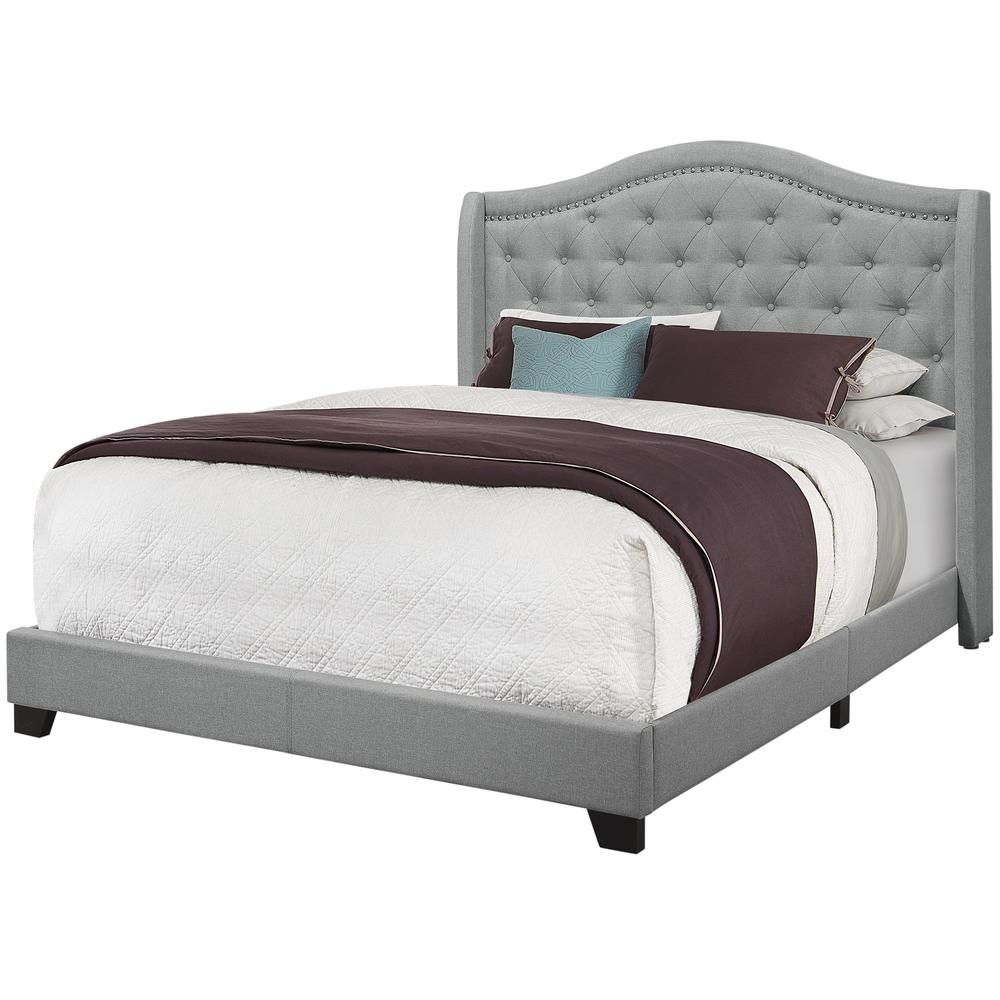 Bed, Queen Size, Bedroom, Upholstered, Grey Velvet, Chrome Trim, Traditional. Picture 1