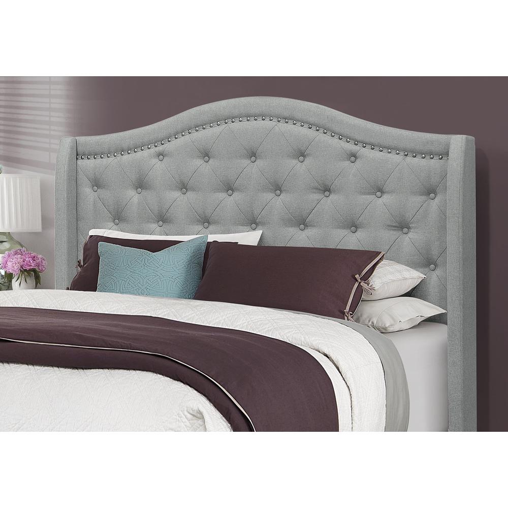 Bed, Queen Size, Bedroom, Upholstered, Grey Velvet, Chrome Trim, Traditional. Picture 3