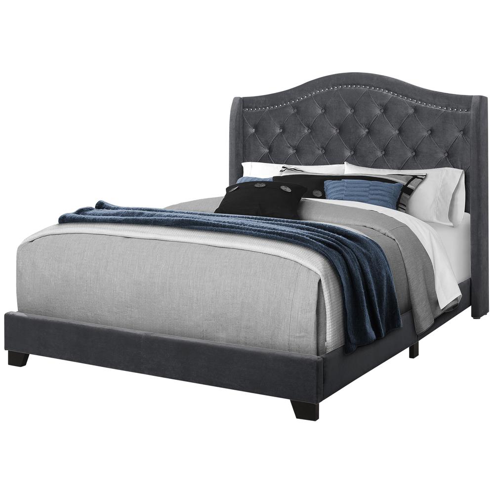 Bed, Queen Size, Bedroom, Upholstered, Grey Velvet, Chrome Trim, Traditional. Picture 1