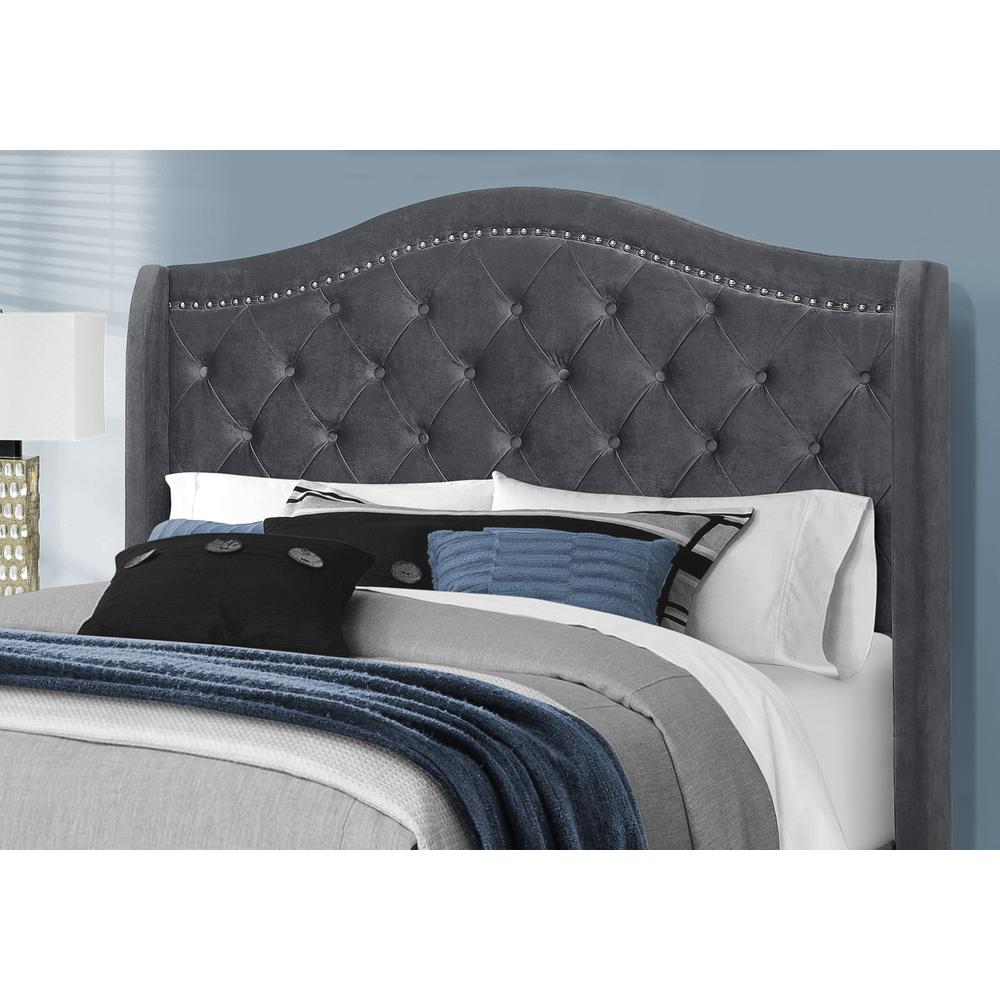 Bed, Queen Size, Bedroom, Upholstered, Grey Velvet, Chrome Trim, Traditional. Picture 3