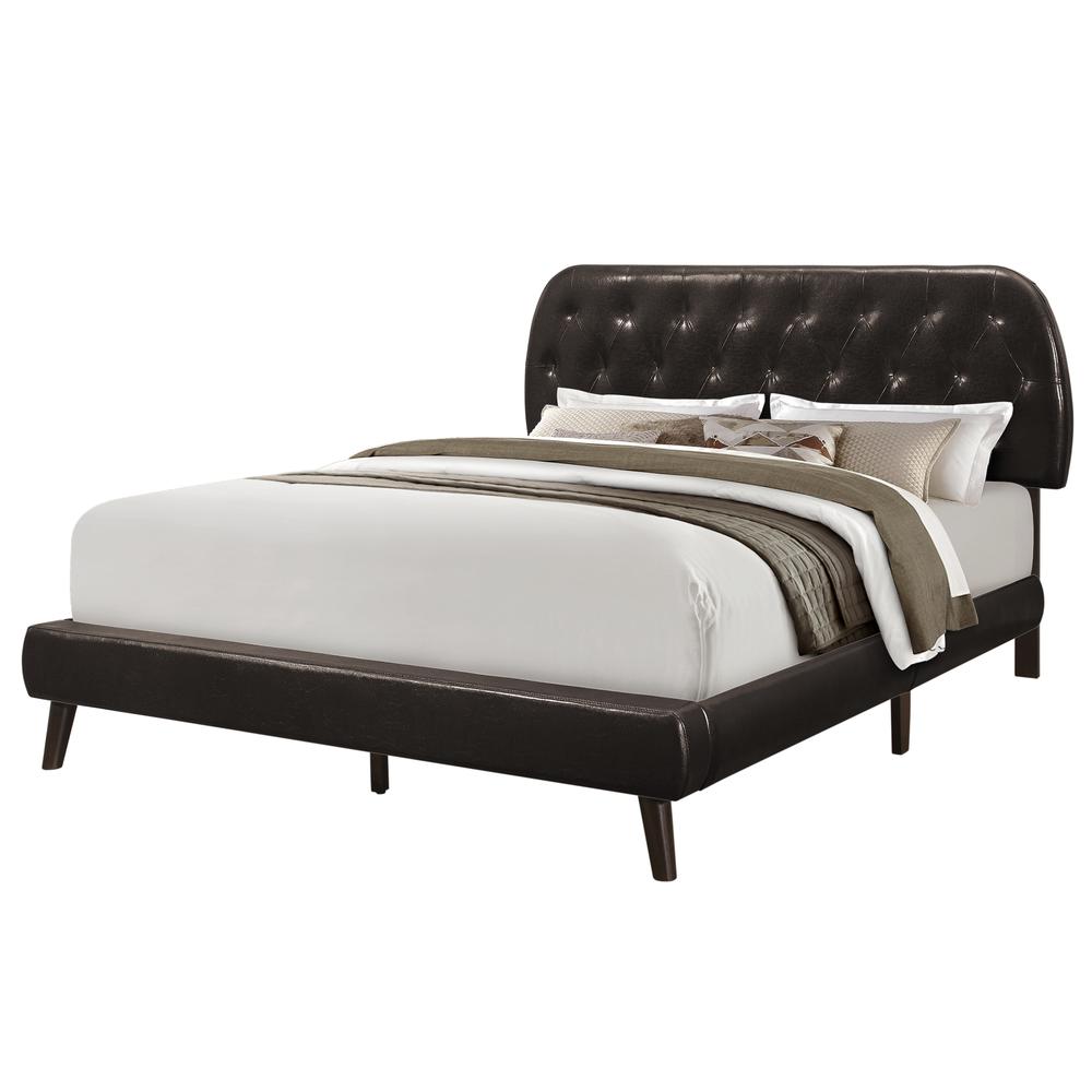 Bed, Queen Size, Bedroom, Upholstered, Brown Leather Look, Wood Legs. Picture 1