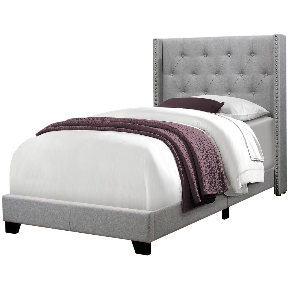 Bed, Twin Size, Teen, Upholstered, Grey Velvet, Chrome Trim, Transitional. Picture 1