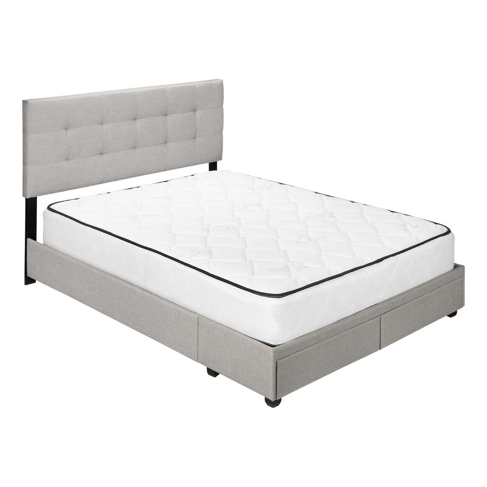="Bed, Queen Size, Bedroom, Upholstered, Grey Linen Look, Wood Legs, Transition. Picture 1