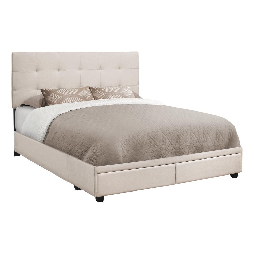 Bed, Queen Size, Bedroom, Upholstered, Beige Linen Look, Black Wood Legs. Picture 1